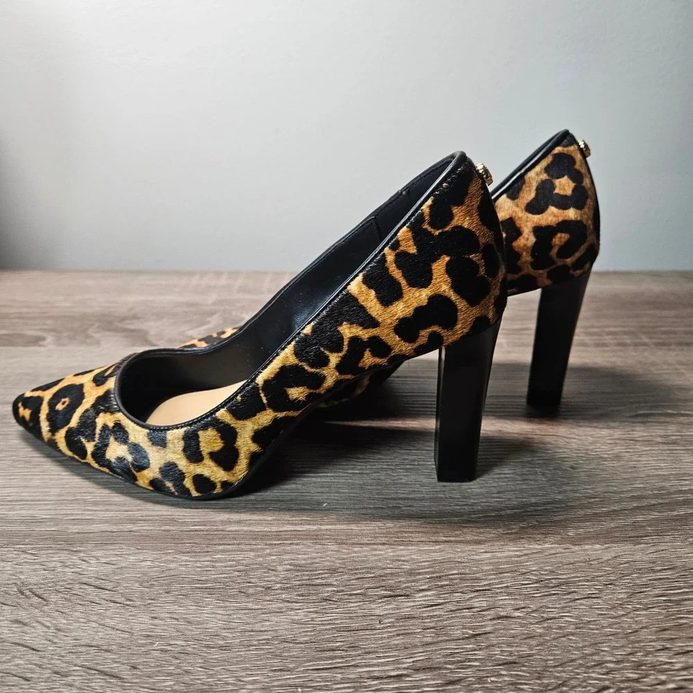Michael Kors Leopard Hair Calf Pointed Toe Block Heel Pumps PV19E Womens 6M